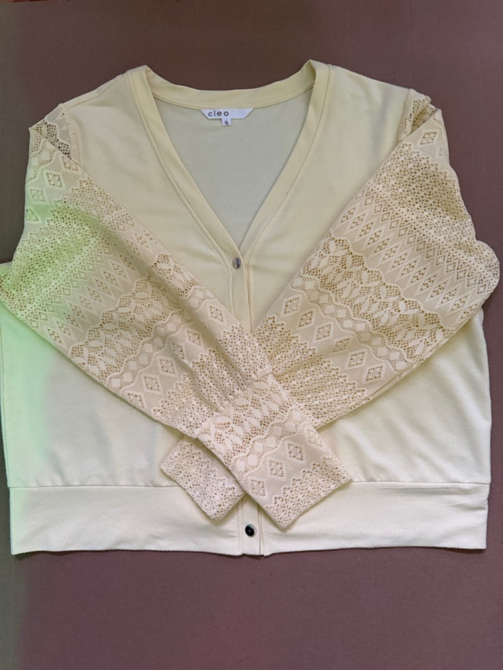 cleo Pale Yellow Lace-Sleeve V-Neck Button Cardigan